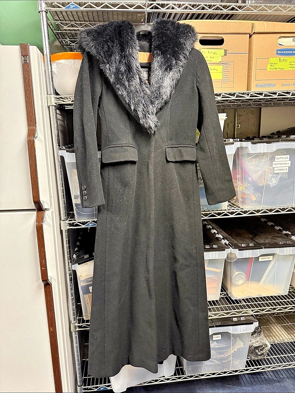 Original 1999 Express Black Hooded Faux-Fur Collar Full Length Wool Coat S-3/4